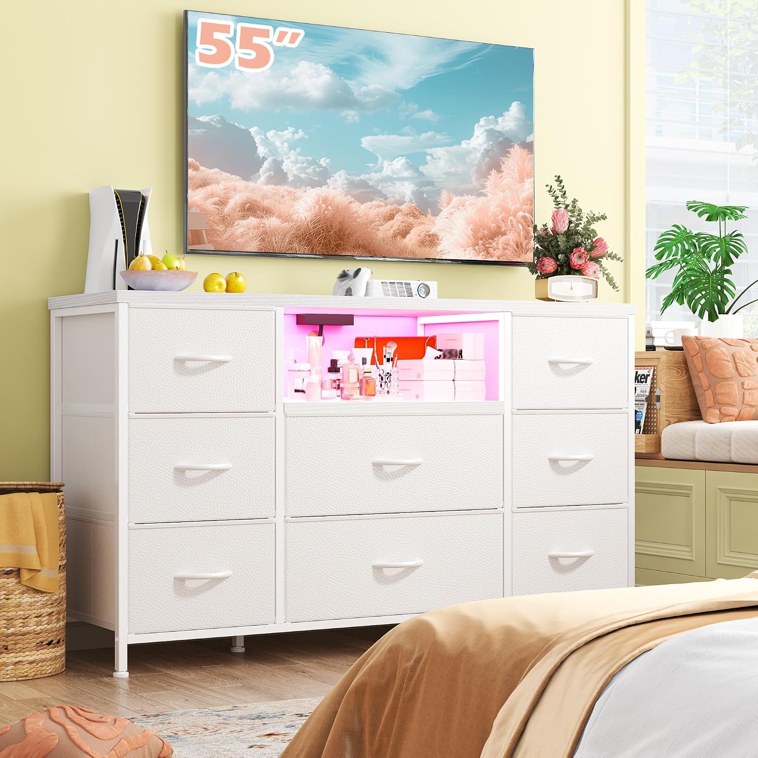 White Dresser for Bedroom with LED Lights & Charging Station, Dresser TV Stand for Bedroom with 8 Drawer for 55 inch TV, Fabric Dressers & Chests of Drawers with Open Shelves for Hallway Entryway