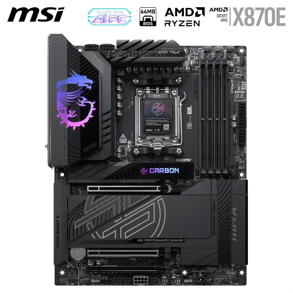 MSI MPG X870E Carbon MAX WiFi Motherboard, ATX - Supports AMD Ryzen 9000/8000 / 7000 Processors, AM5-64MB BIOS ROM, 110A SPS VRM, DDR5 Memory Boost 8400+MT/s (OC), PCIe 5.0 x16, M.2 Gen5