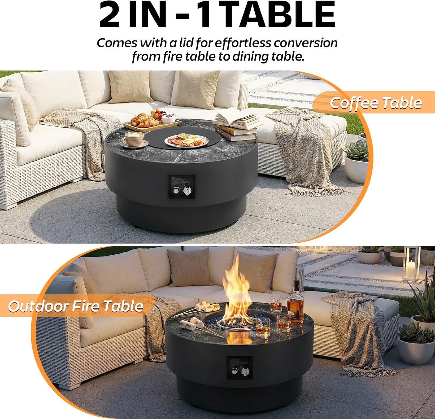 32' Outdoor Propane Fire Pit Table, 50,000 BTU Gas Fire Table with Tank Cover, Marble-Look Ceramic Top, Steel Lid, & Rain Cover, Round Patio Firepit for Backyard, Garden, Party
