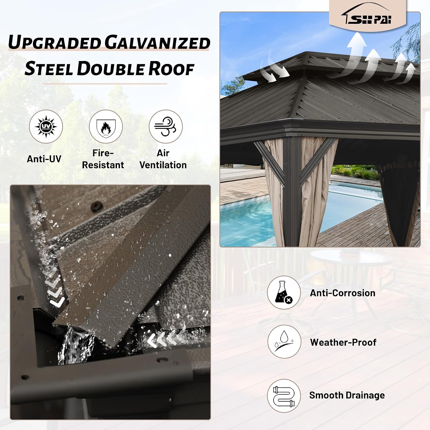 12' x 16' Outdoor Hardtop Gazebo with Gutters, Double Roof Galvanized Metal Gazebo for Backyard, Patio, Deck, Hot Tub, Heavy Duty Canopy Permanent Pavilion with Curtains and Netting, Brown