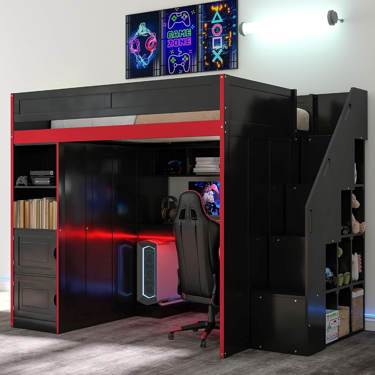 SOFTSEA Twin Size Gaming Loft Bed with Desk, Storage Stairs, LED Lights, Bookshelves & Wardrobe, Multifunctional Loft Bed for Kids Bedroom, No Box Spring Needed, Black Red