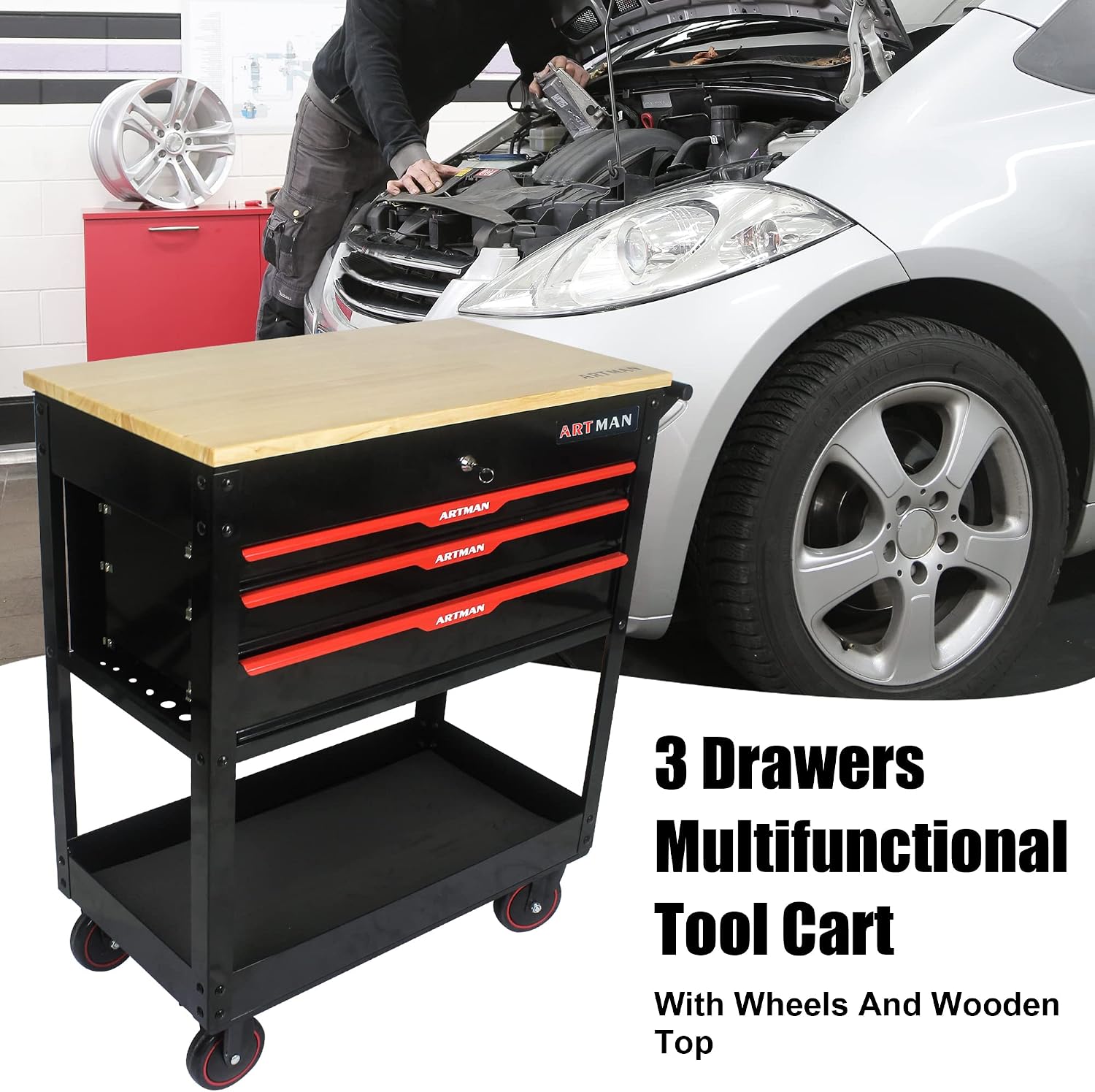 3 Drawers Tool Cart on Wheels,Tool Storage Box with Wooden Top,Drawers Rolling Tool Box Organizer Tool Case for Garage,Warehouse,Workshop,Repair Shop (3 Drawers-38.5'H-Black&Red)