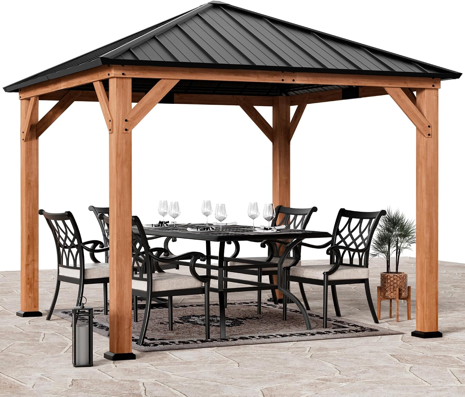 Modern Shade Cedar Wood Gazebo 10'x10' with Galvanized Steel Roof, Hardtop Gazebo with Cedar Frame Permanent Outdoor Structure for Backyard, Garden and Patio