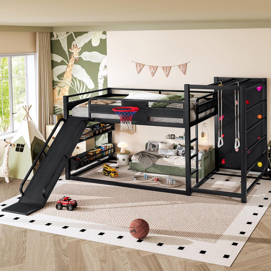 SOFTSEA Full Size Metal Loft Bed with Slide, Heavy Duty Bunk Bed with Bookshelves, Basketball Hoop, Climbing Wall & Pull Up Rings for Kids Teens, Playful Basketball Slide Bed Loft Bed Frame, Black