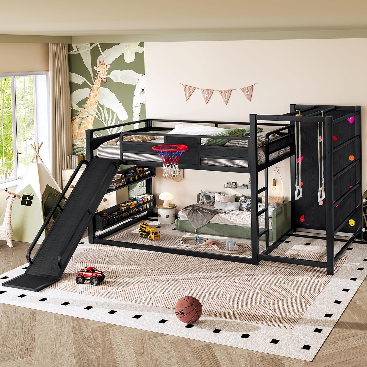SOFTSEA Full Size Metal Loft Bed with Slide, Heavy Duty Bunk Bed with Bookshelves, Basketball Hoop, Climbing Wall & Pull Up Rings for Kids Teens, Playful Basketball Slide Bed Loft Bed Frame, Black