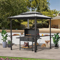 8'X6' Grill Gazebo Hardtop, Steel Grill Gazebo with Two Shelves Serving Tables, Permanent Double Roof Hard Top Gazebo, Heavy Duty Aluminum BBQ Gazebo for Patio, Deck, Backyard and Garden (Grey)