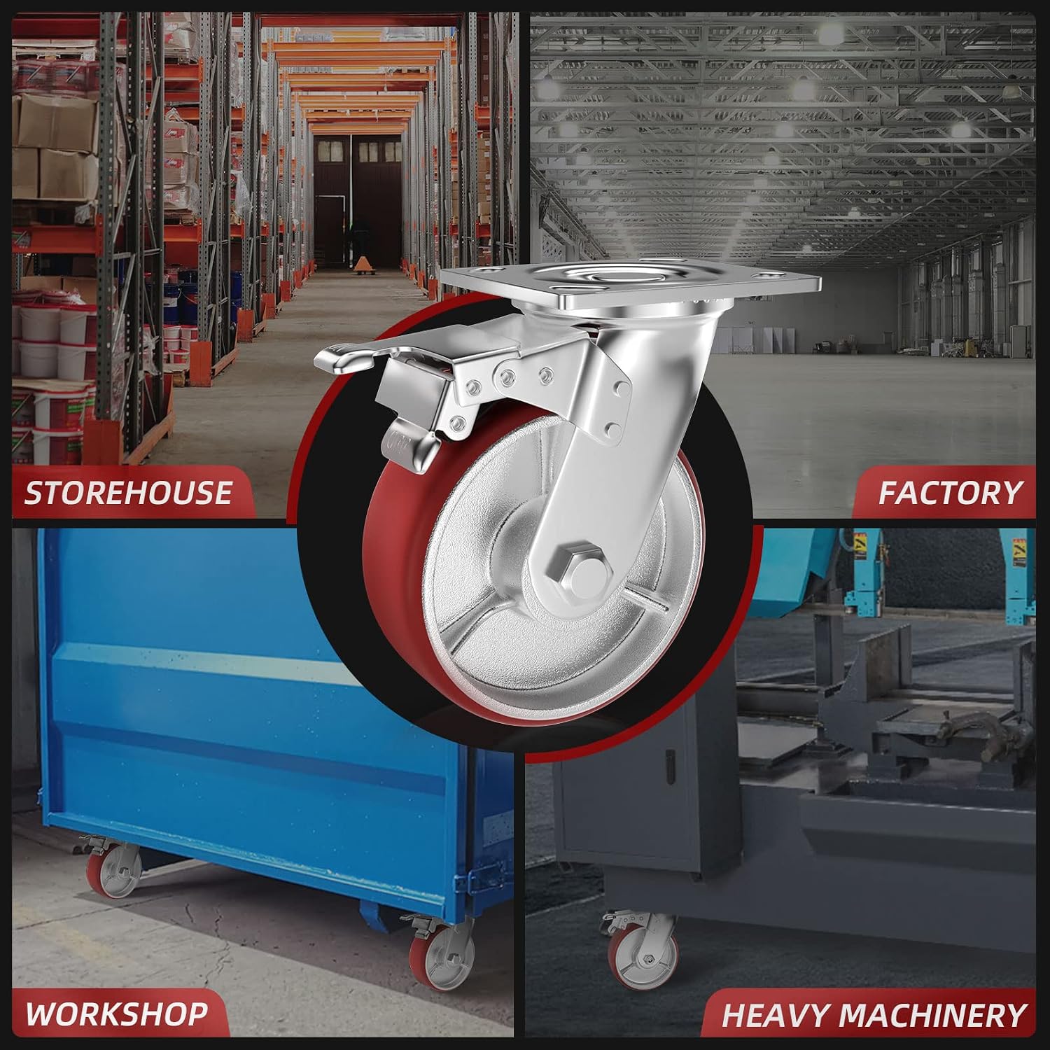 Casters Set of 4 Heavy Duty 6 inch Caster Wheels - ASRINIEY Locking Casters with No Noise Polyurethane on Steel Wheels, Swivel Plate Caster with Brake for Toolbox Workbench, 5000 lbs Total Capacity