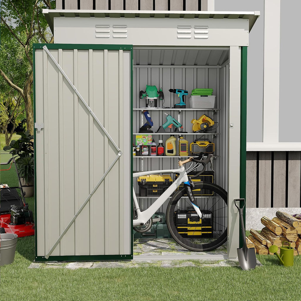 Garvee Metal Tool Shed with Single Door - Slanted Roof, Small Size, 5x3FT, Garden Storage, Outdoor Iron Tool Storage