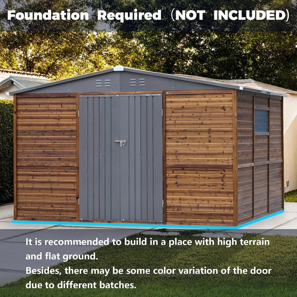 8x10 FT Outdoor Tool Shed, Wood-Iron Combination Storage Shed with Ventilation, Weather-Resistant Roof, Lockable Doors & Wood Grain Finish for Backyard and Garden