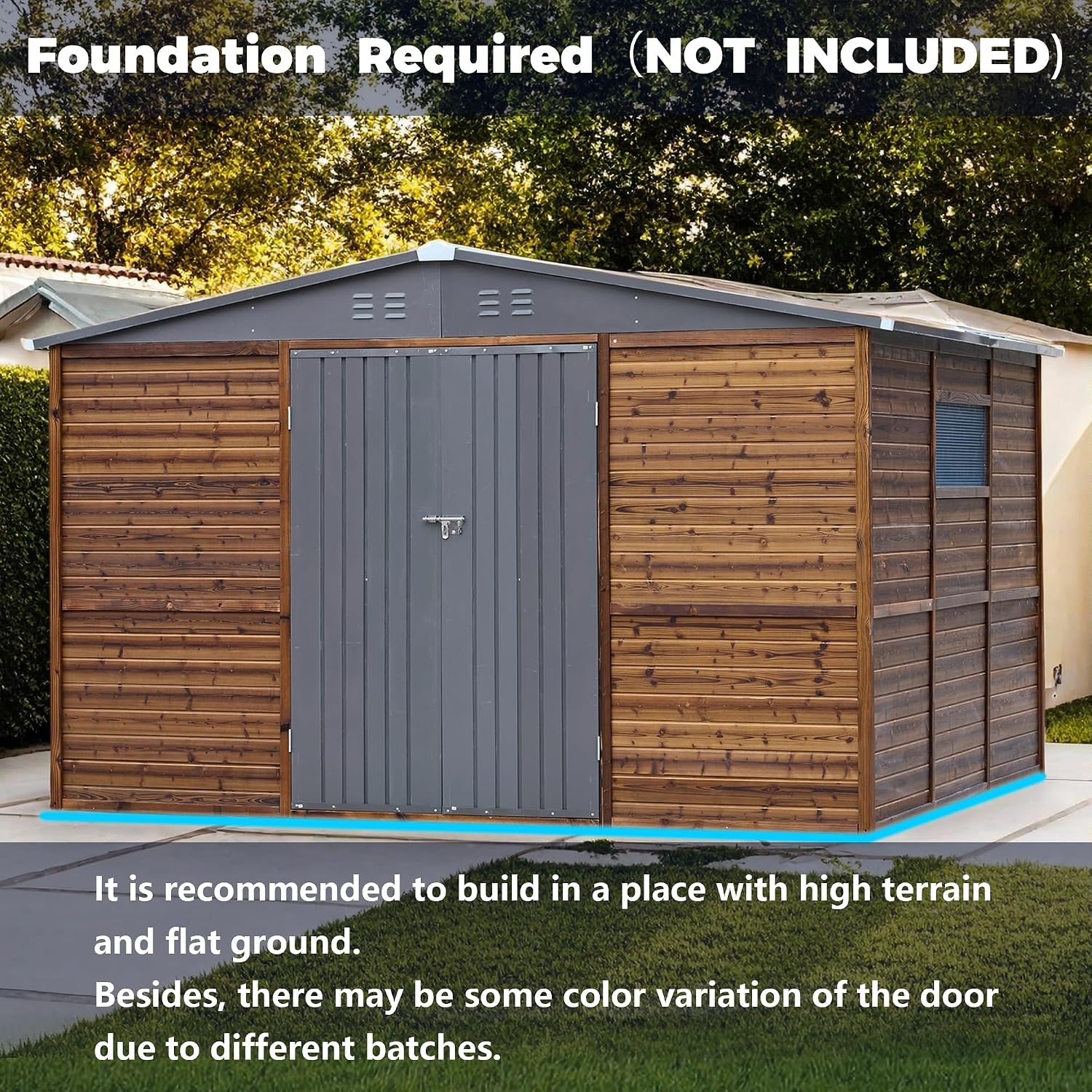 8x10 FT Outdoor Tool Shed, Wood-Iron Combination Storage Shed with Ventilation, Weather-Resistant Roof, Lockable Doors & Wood Grain Finish for Backyard and Garden