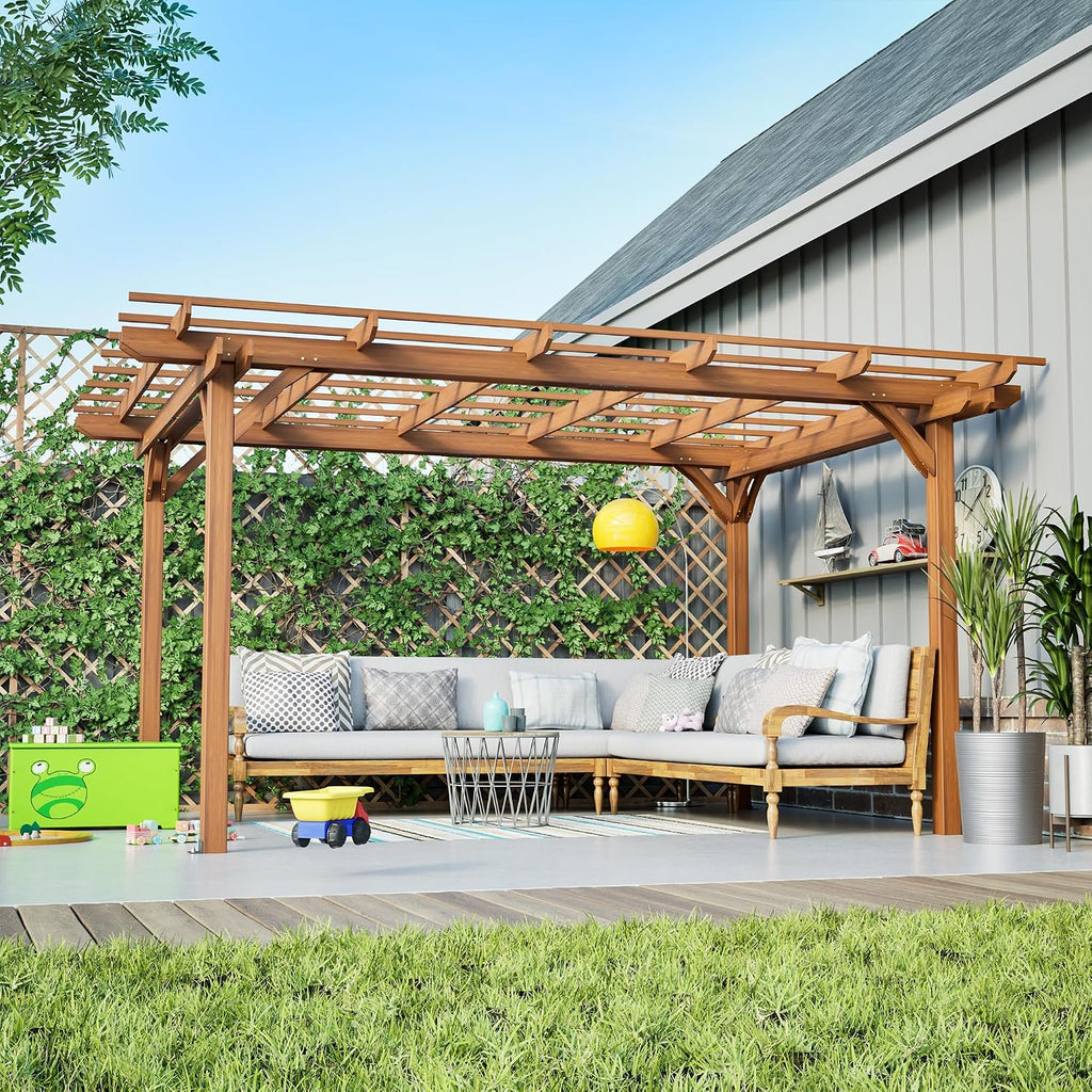 12' x 10' Outdoor Wood Pergola, Wooden Pergola Grape Trellis, Perfect for Climbing Plant Support, Garden, Terrace, Backyard, Deck, Brown