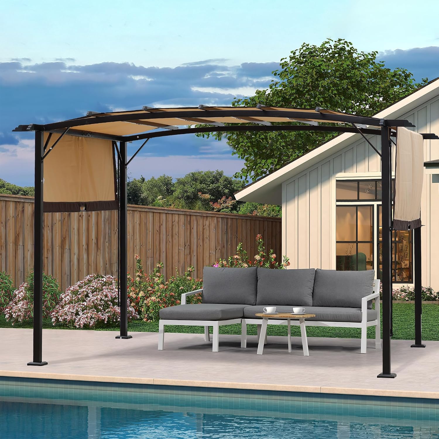 12' x 9' Ft. Outdoor Patio Retractable Canopy Gazebo Metal Pergola with Adjustable Shade (Beige)