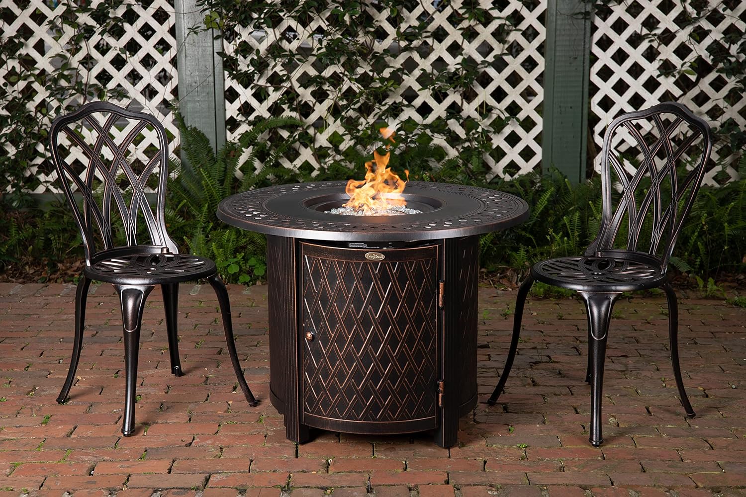 Fire Sense 62988 Wagner Woven Aluminum Convertible Gas Fire Pit Table 37,000 BTU Multi-Functional Outdoor with Fire Bowl Lid, Nylon Weather Cover & Clear Fire Glass - Bronze Finish - Round - 34'