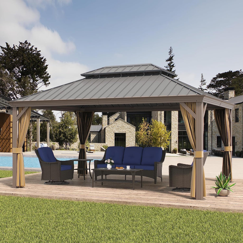 12'x16' Hardtop Gazebo with Netting and Curtains, Outdoor Aluminum Frame Pergola, Heavy Duty Metal Double Roof of Galvanized Steel Pavilion for Patio, Backyard, Deck, Lawns