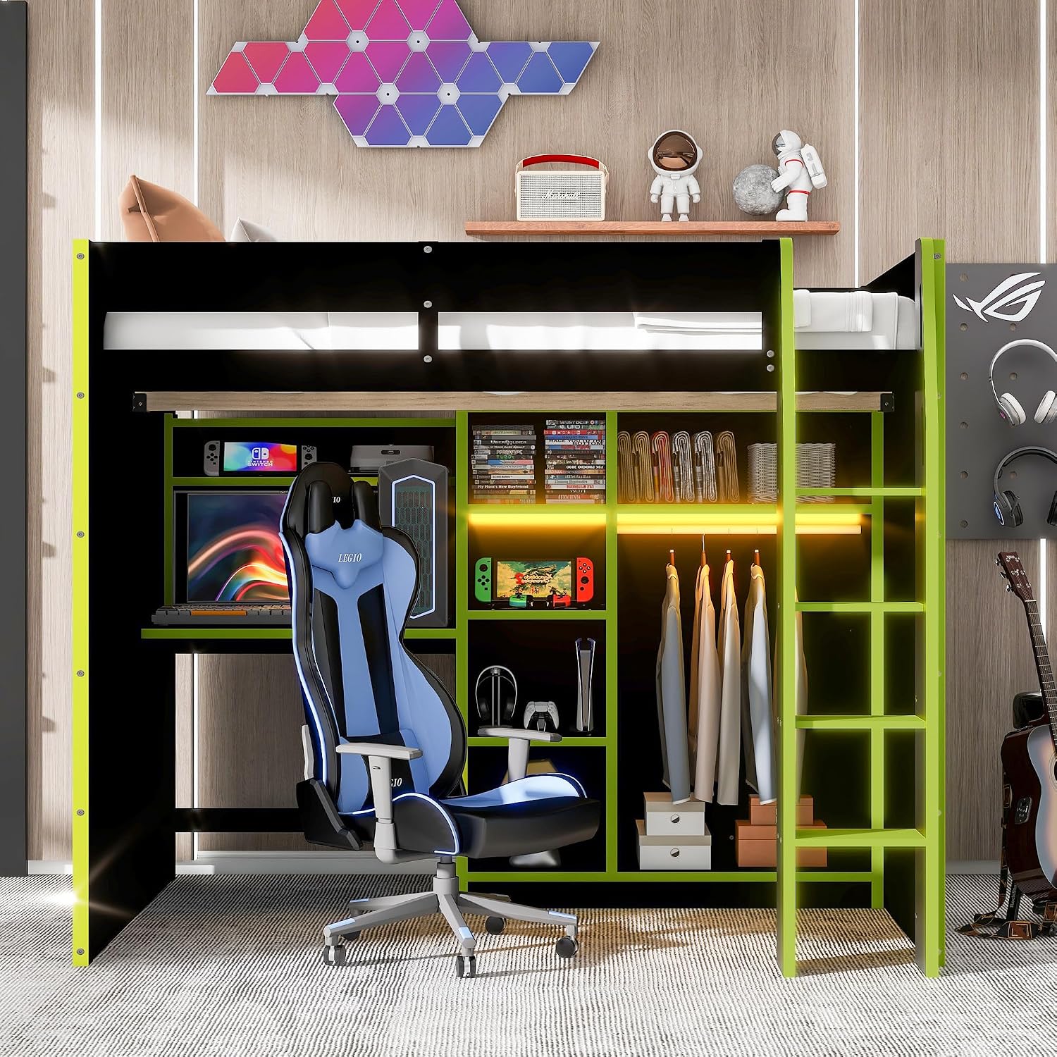 SOFTSEA Full Size Gaming Loft Bed with Desk, Bookshelves, Open Wardrobe & LED Lights for Bedroom, No Box Spring Needed, Green