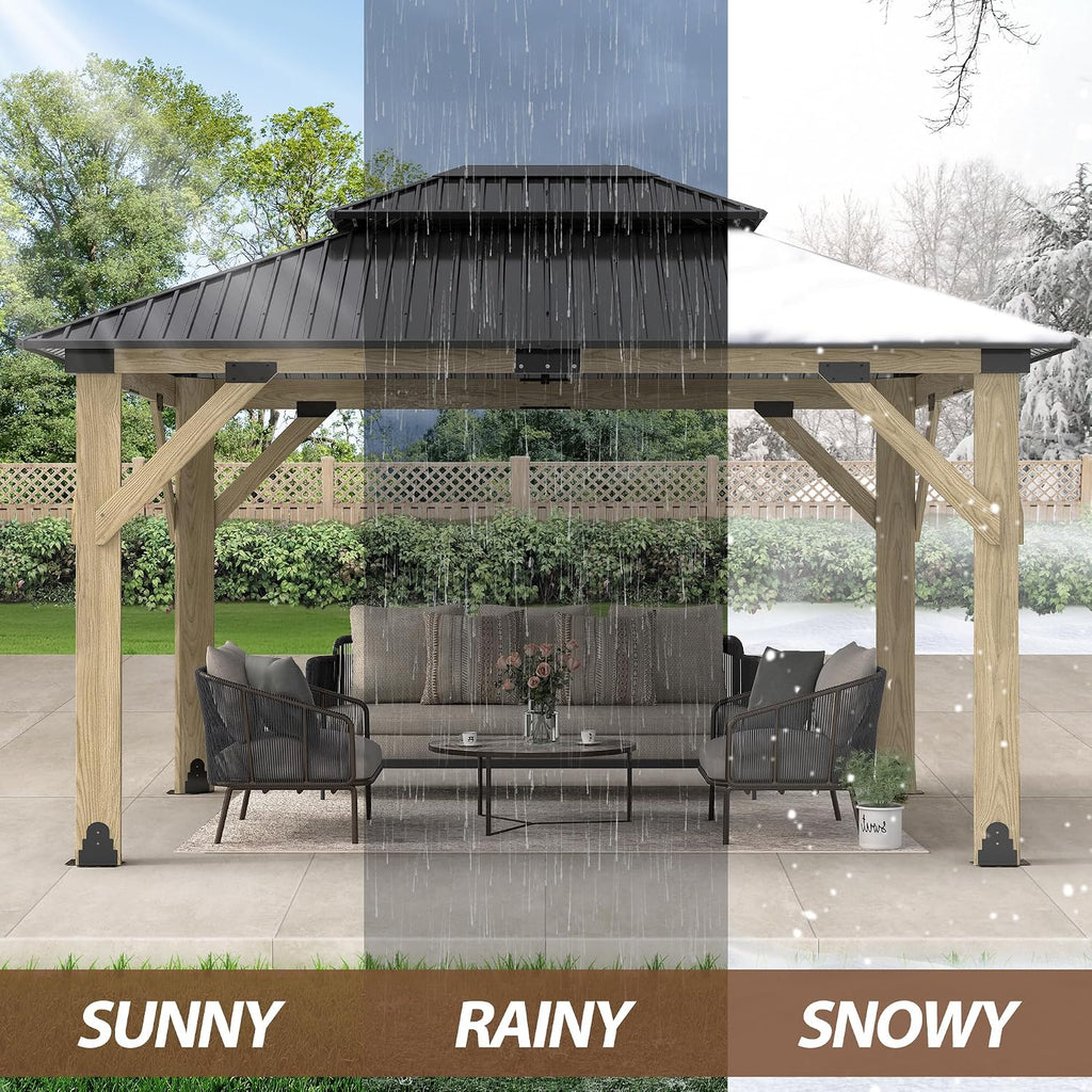 11x13 FT Wood Gazebo,Outdoor Wooden Hardtop Gazebo with Galvanized Steel Doule Roof,Cedar Wood Frame Gazebos Patio Backyard Deck