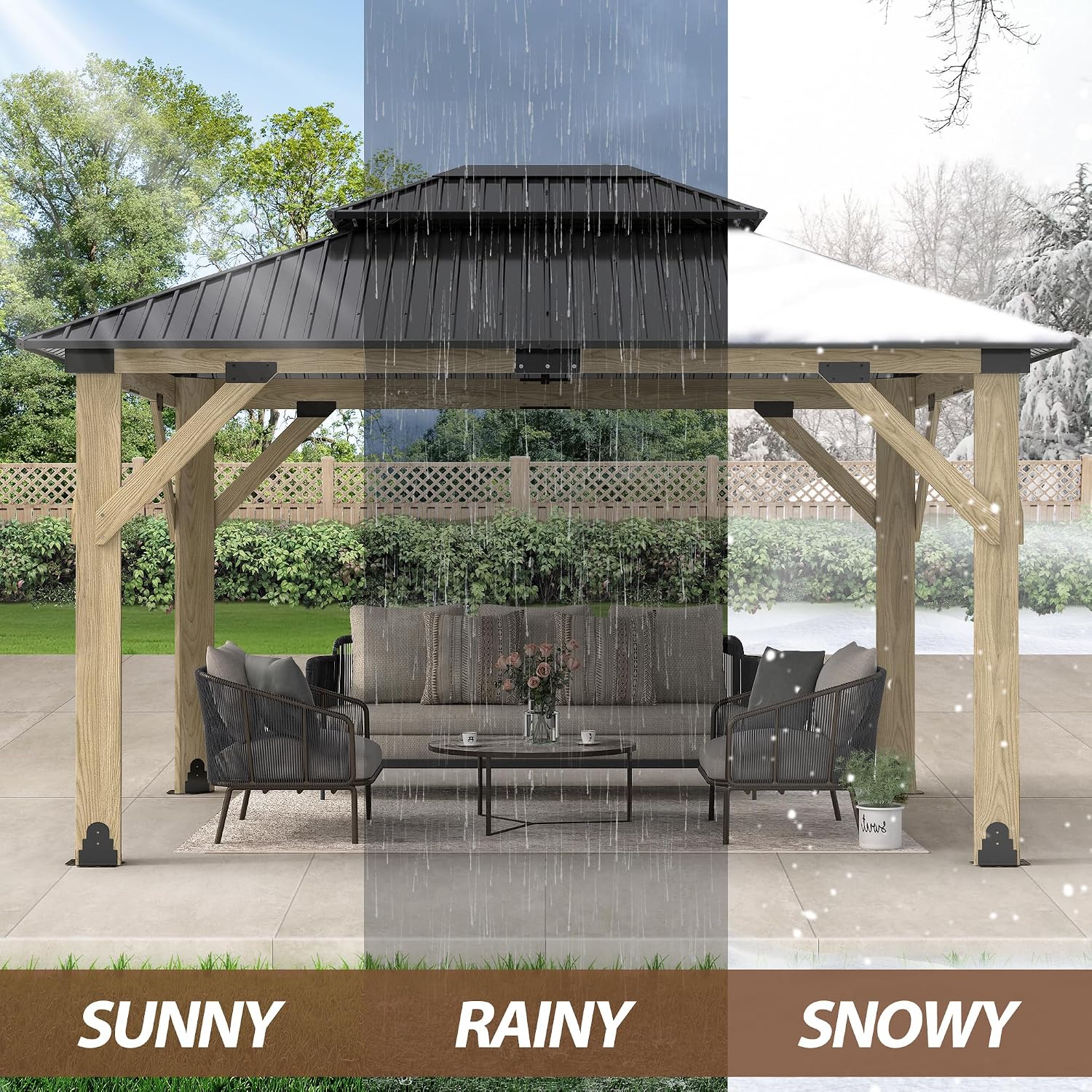 11x13 FT Wood Gazebo,Outdoor Wooden Hardtop Gazebo with Galvanized Steel Doule Roof,Cedar Wood Frame Gazebos Patio Backyard Deck