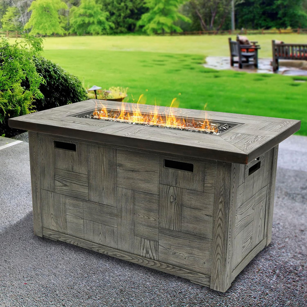Alpine Corporation GXT974 Rectangular Wood Look Fire Pit Table with 50K BTU & Adjustable Flame, Cozy Patio Décor, 24' H, Gray