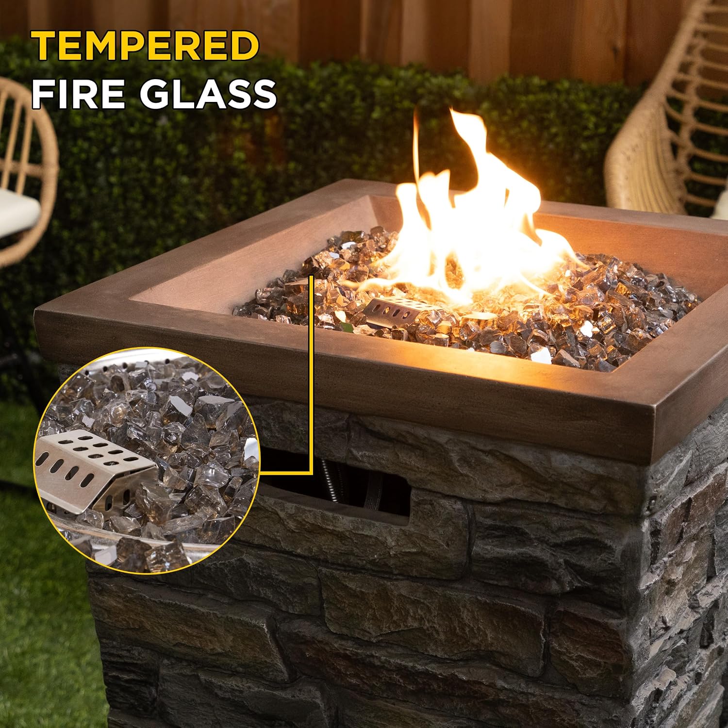 Alpine Corporation GXT966 Stone Look Column Gas Fire Pit with 32K BTU and Adjustable Flame, Cozy Patio Decor, 29' H, Multicolor