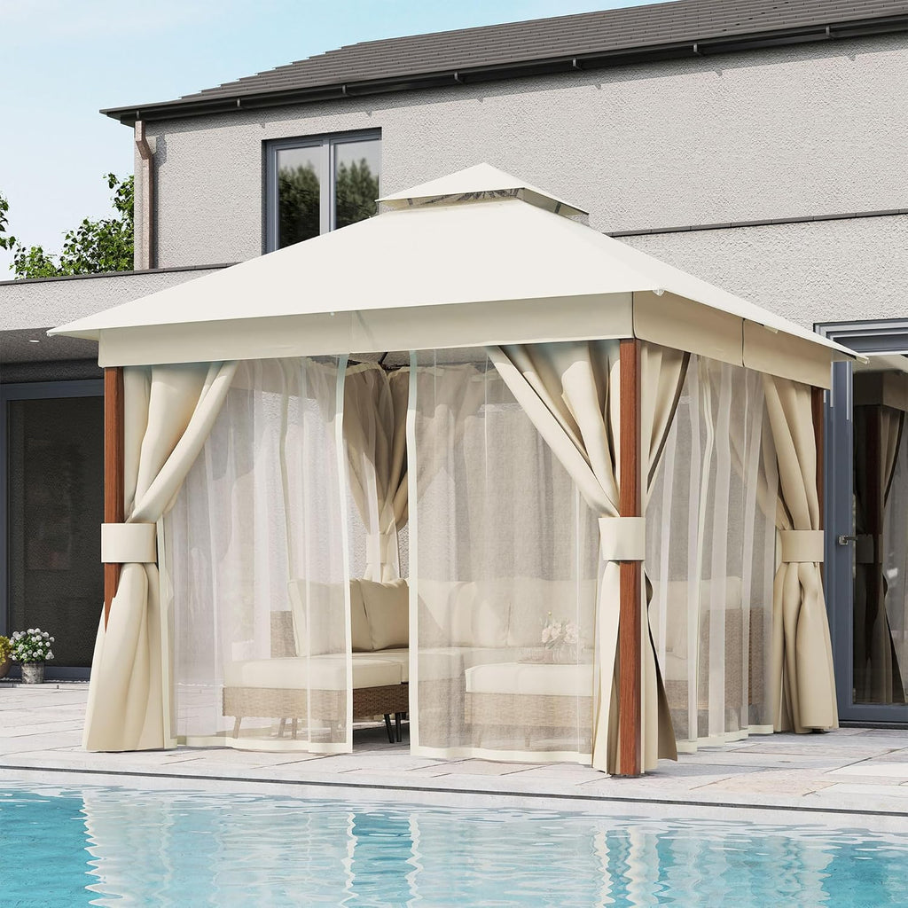 LAUSAINT HOME 10'x10' Outdoor Gazebo, Metal Frame Heavy Duty Patio Canopy Tent Shelter with Double Roofs, Mosquito Nettings and Privacy Screens for Backyard, Garden, Lawn, Cream White