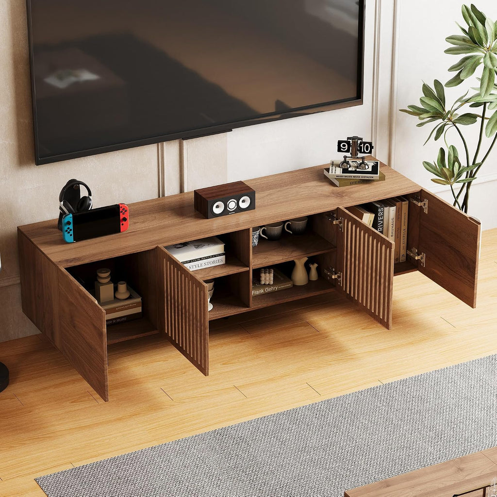 70.87' Mid Century Modern TV Stand, Walnut Media Console for 70 Inch TVs, Entertainment Cabinet with 4 Storage Compartments for Living Room or Bedroom