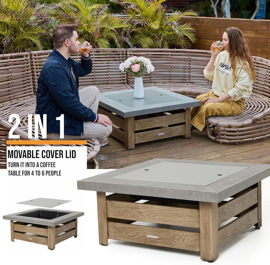 WILDMOS Firepits for Outside，Wood Burning Fire Pit with Wood-Grain Side Panels,Firepit for Outside with Mesh Cover & Fire Poker,Square Modern Outdoor Fireplace Fire Table. (Countryside)