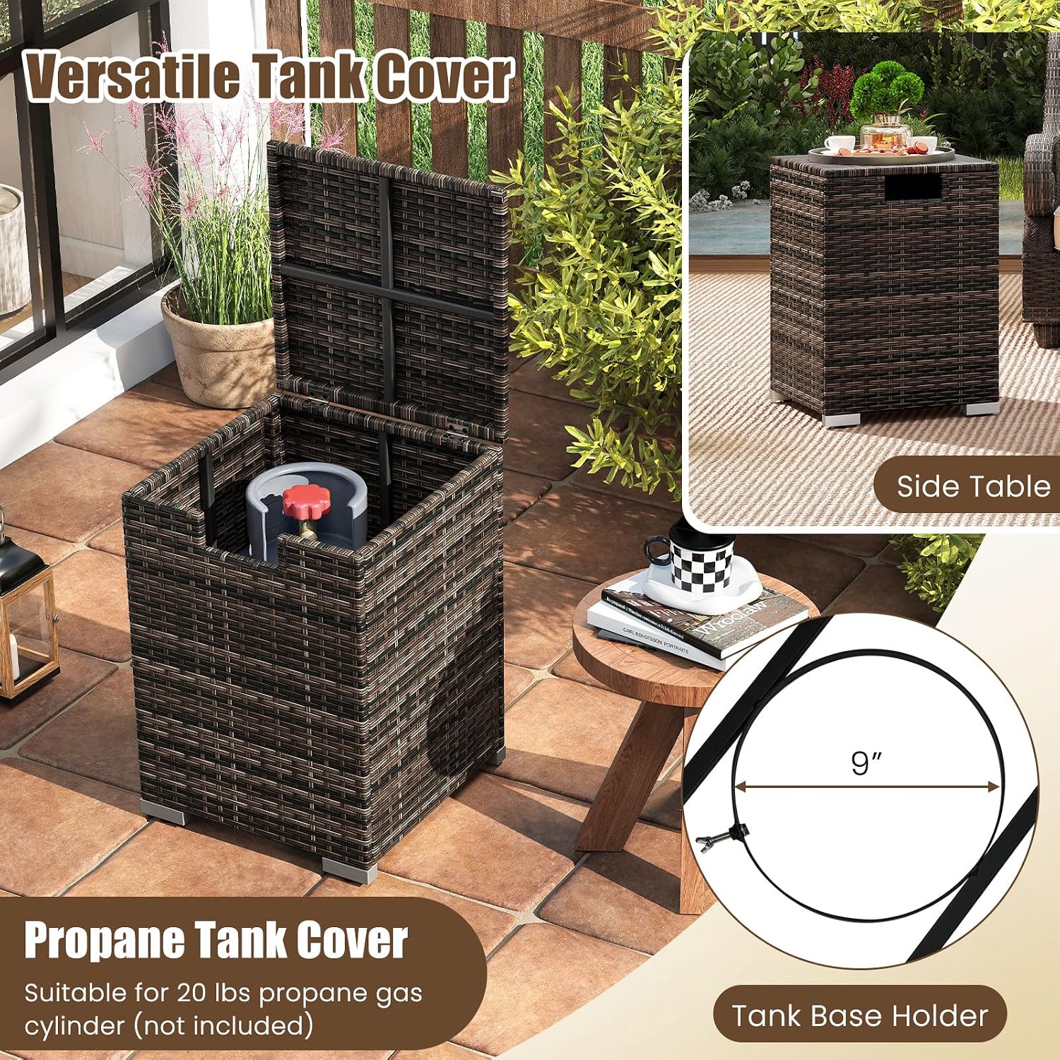 Tangkula 2 Piece Propane Fire Pit Table Set with Tank Cover, Outdoor Rattan Gas Firepit with Lid, Tempered Glass Tabletop, Protective Cover, 40,000 BTU Rectangle Fire Table Set for Outside (Mix Brown)