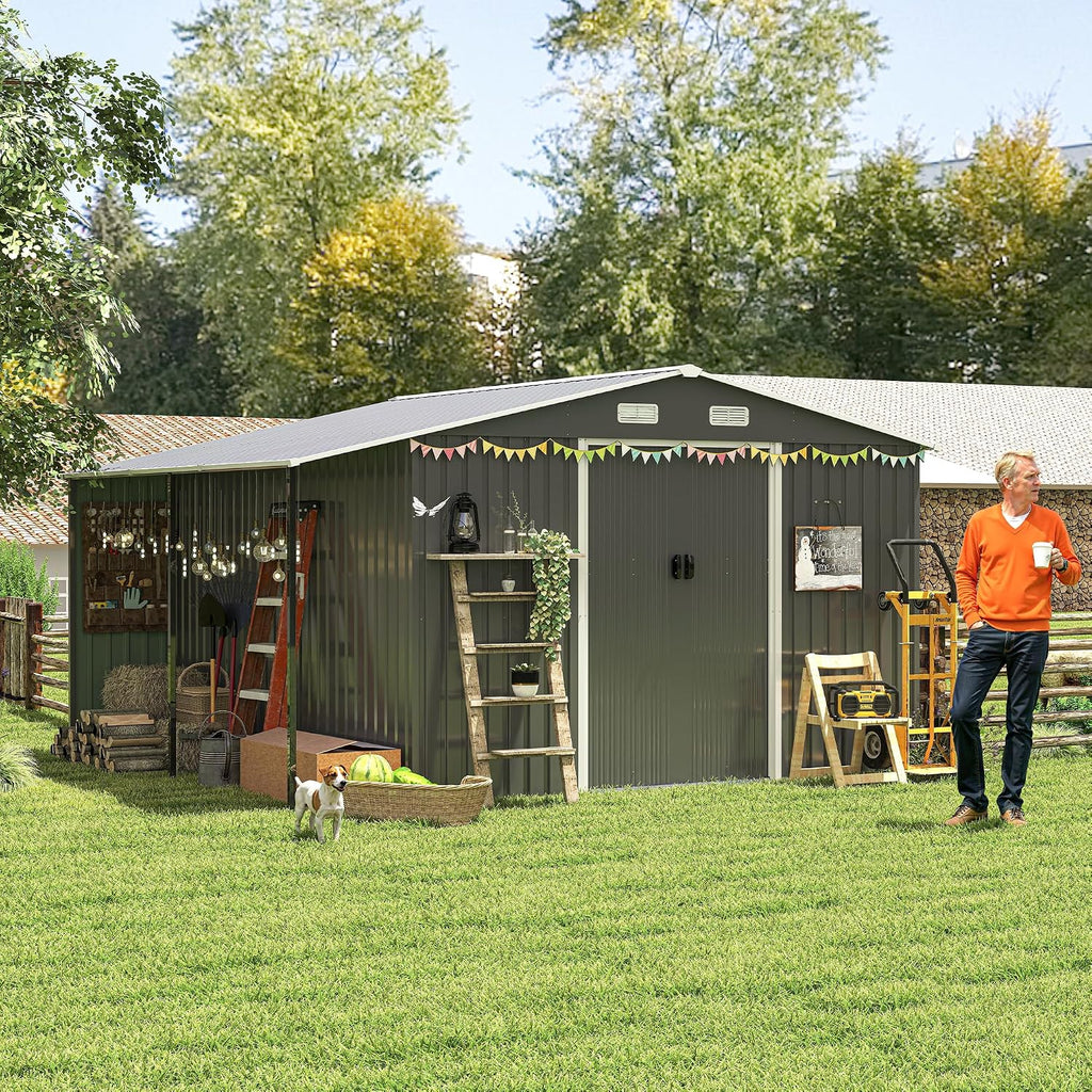 10x12 FT Outdoor Storage Shed with Sliding Lockable Doors&Windows, Extra Large Metal Shed with Dual-Zone Design, Galvanized Steel Utility Shed for Garden, Backyard,Tool Storage (Dark Gray, 10×12 FT)