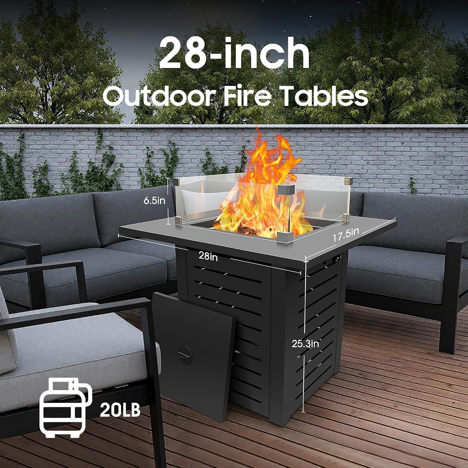 28 Inch Outdoor Propane Fire Pit,50,000 BTU Gas Fire Pit Table with Steel Lid,304 Stainless Steel H-Burner,Wind Guard,Fire Pits for Patio Deck,Black