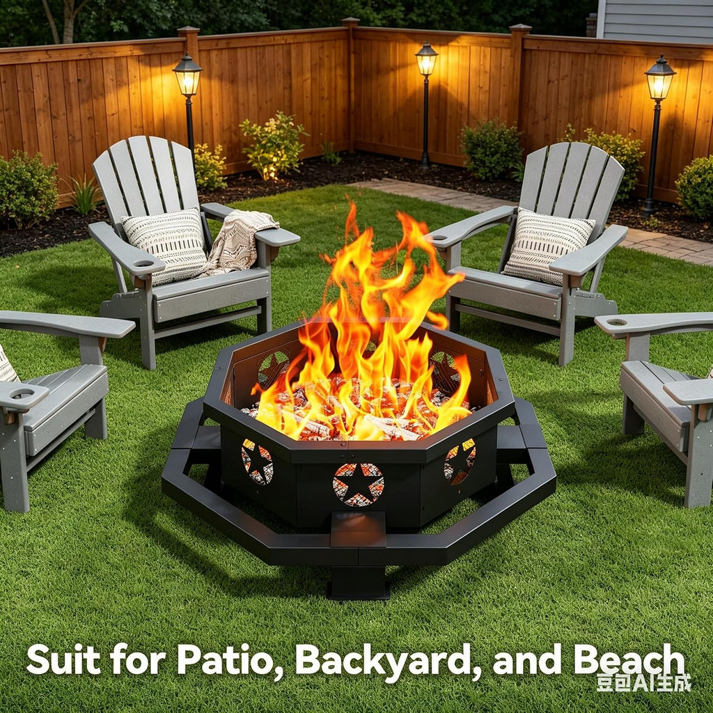 43 inch Large Fire Pit, Outdoor Fire Pit with Heavy Duty Construction, Wood Burning Fire Pits for Outside Octagonal Firepit for Camping, Backyard, Patio, Black
