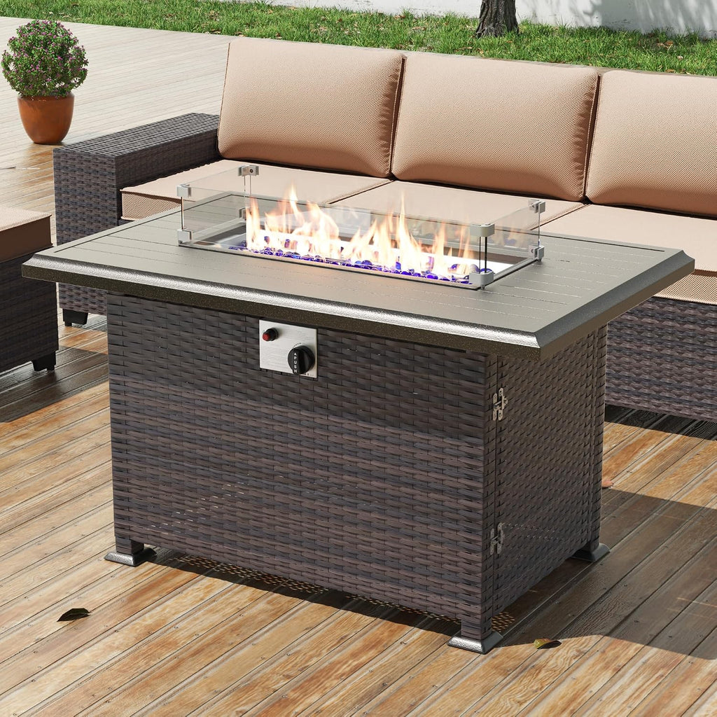 43' Wicker Outdoor Propane Gas Fire Pit Table with Rectangle Fire Pit Lid,55000 BTU Auto-Ignition Table Fire Pit w/Glass Wind Guard, Glass Rock for Outdoor,ETL Certified