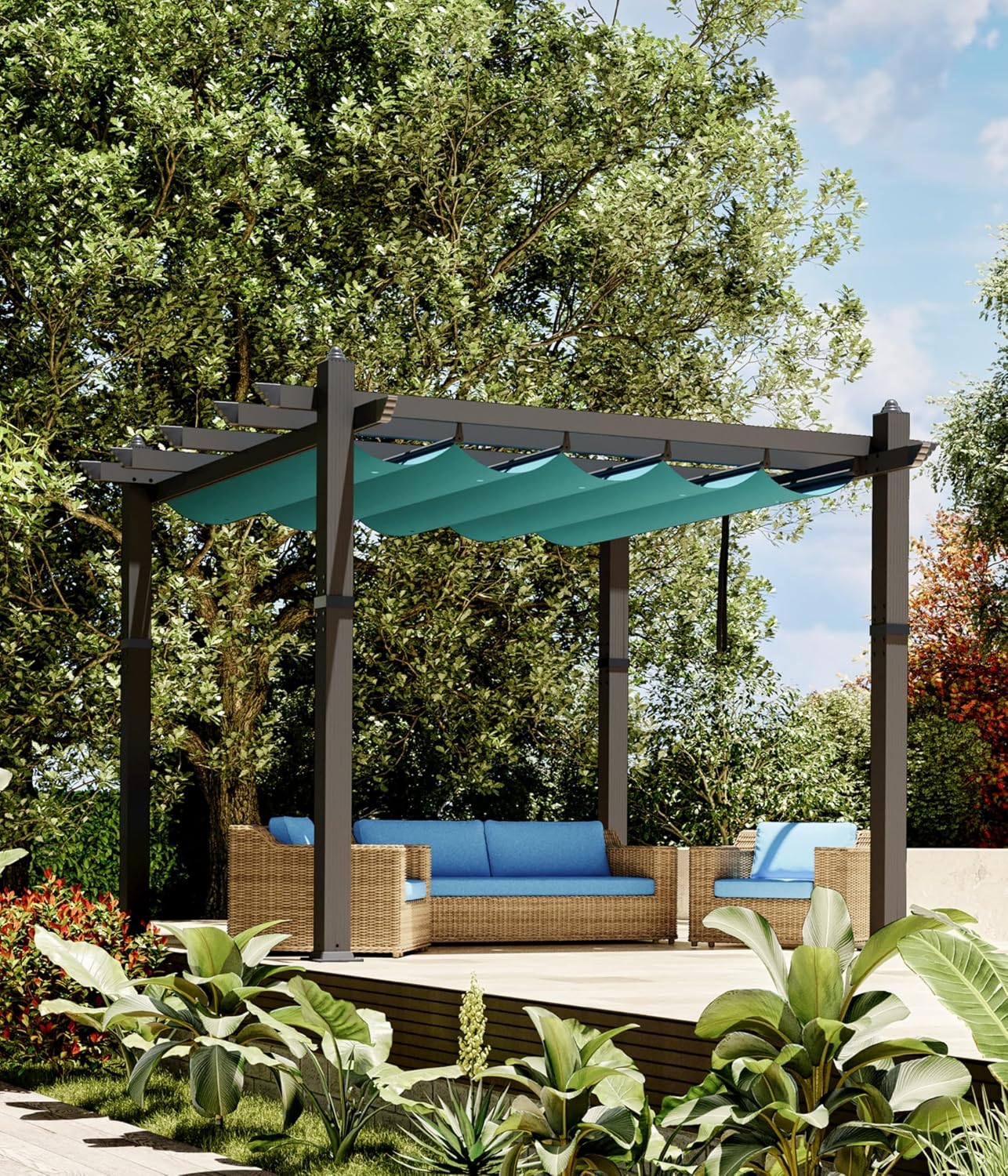 GAOMON 10x10 Ft Outdoor Aluminum Pergola, Heavy-Duty Patio Pergola with Retractable Canopy Sun Shade Cover, UV-Resistant Metal Gazebo for Existing Deck Backyard Garden Porch, Blue