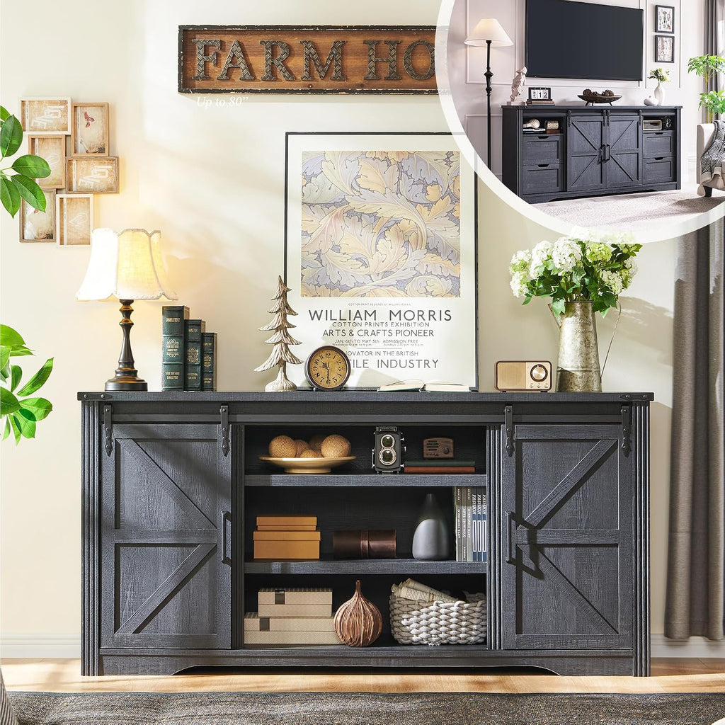 JXQTLINGMU Farmhouse TV Stand for 75+ Inch TV, 32' Tall Entertainment Center w/4 Drawers & Sliding Barn Door, Rustic Media Console w/Storage Shelves, 66' Wood Television Stand for Living Room, Black