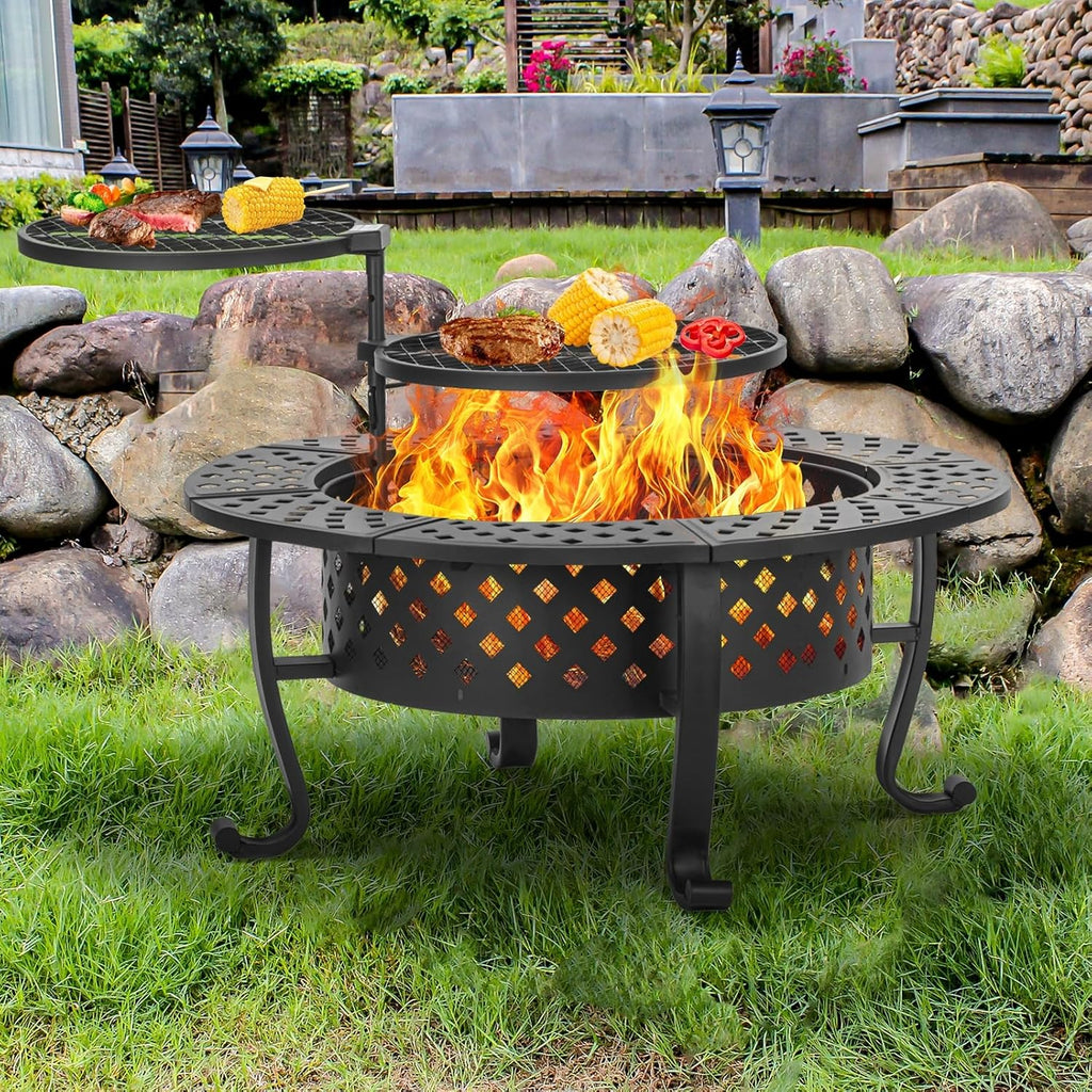 Panovue 42 Inch Fire Pit with 2 BBQ Grills, Wood Burning Fire Pits for Outside with Lid & Fire Poker, BBQ& Outdoor Firepit & Round Metal Table 3 in 1 for Patio, Picnic, Party