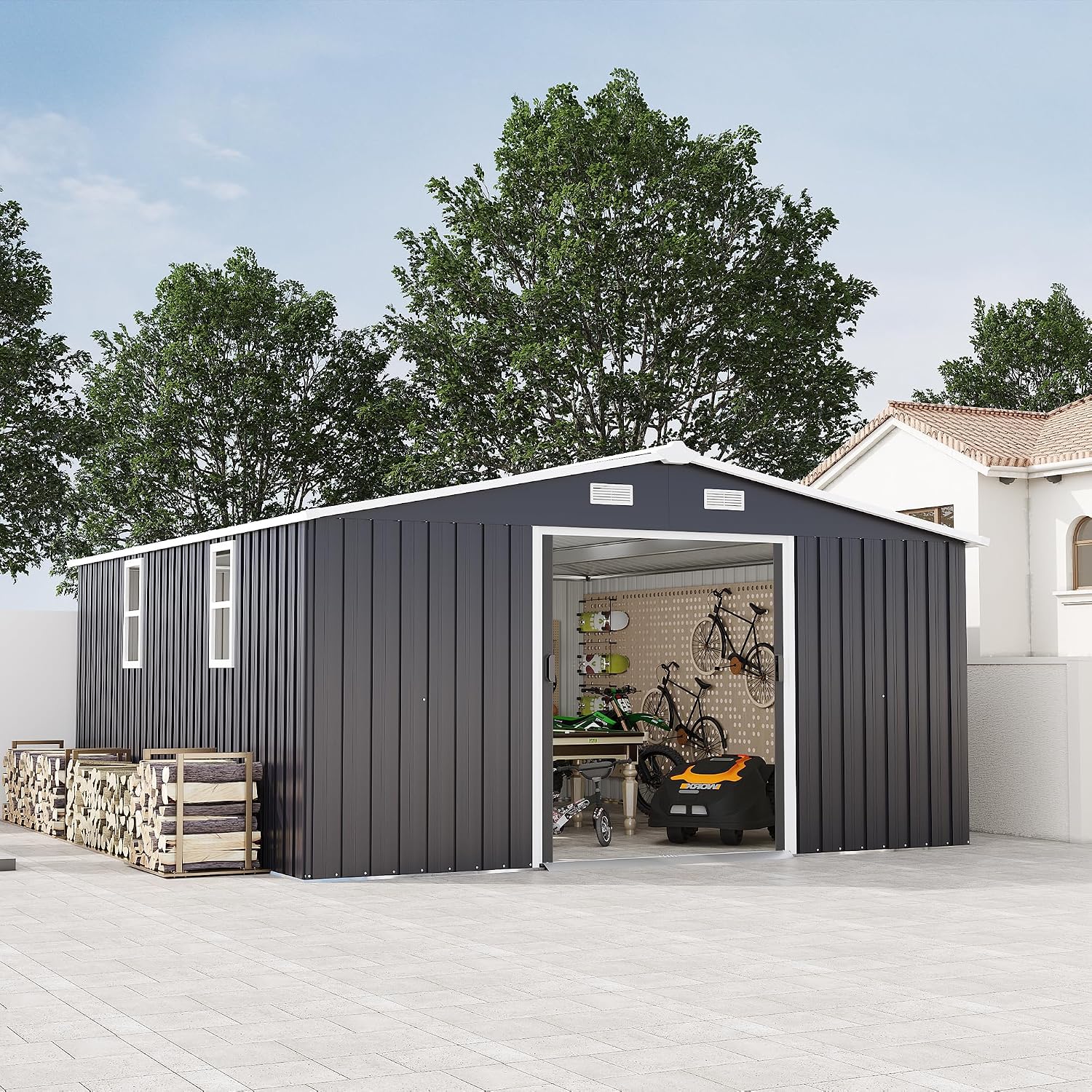 KEIKI 10' x 12' Metal Garden Storage Shed with Foundation Kit, Double Door Outdoor Tool Shed with 2 Windows, Color Steel Construction, Dark Gray