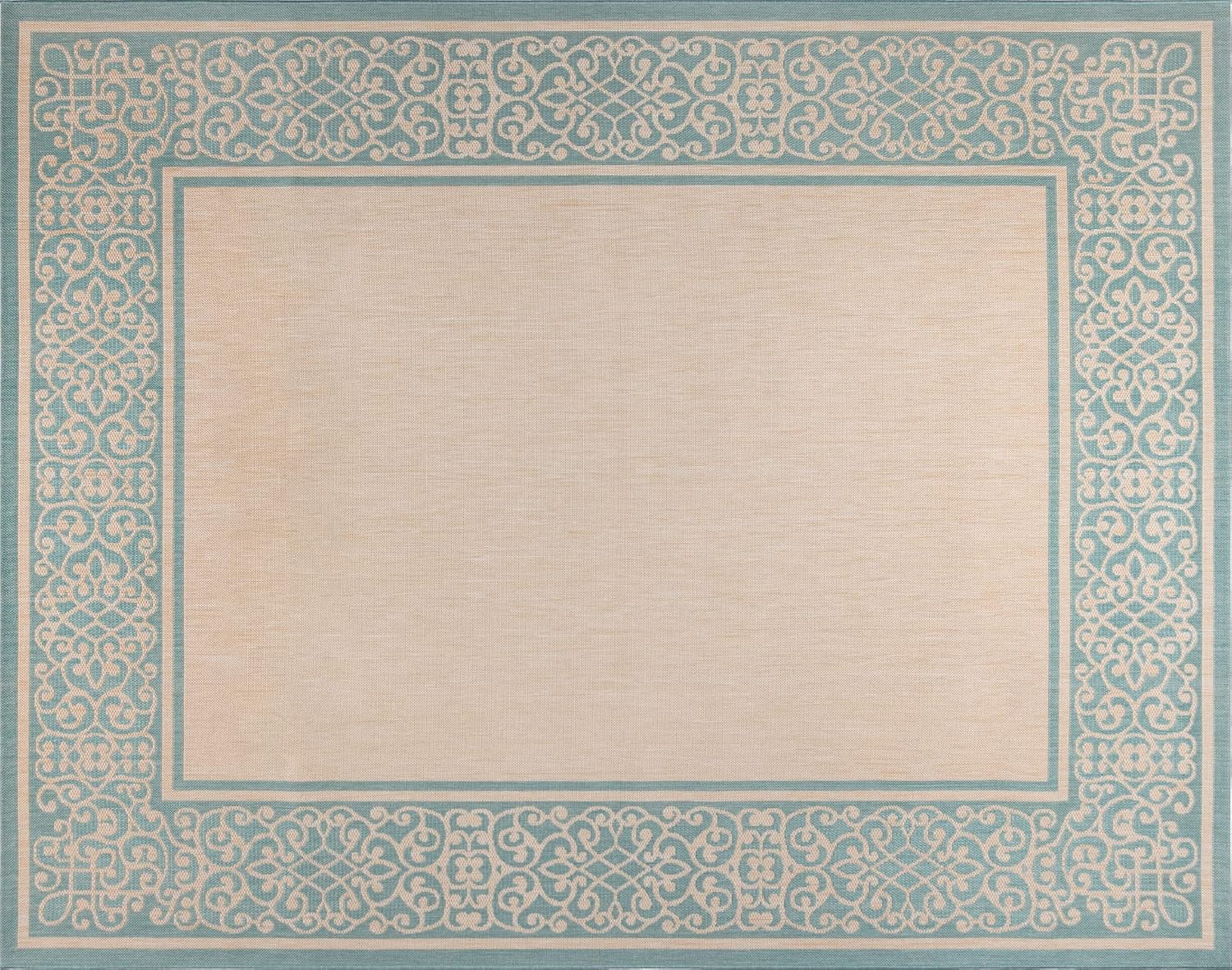 Gertmenian Indoor/Outdoor Flatweave Area Rug - 6x9 Medium, Stain & UV Resistant, Ideal For Deck, Patio, Poolside, Mudroom - Abstract Border, Aqua Blue Cyan, 22965