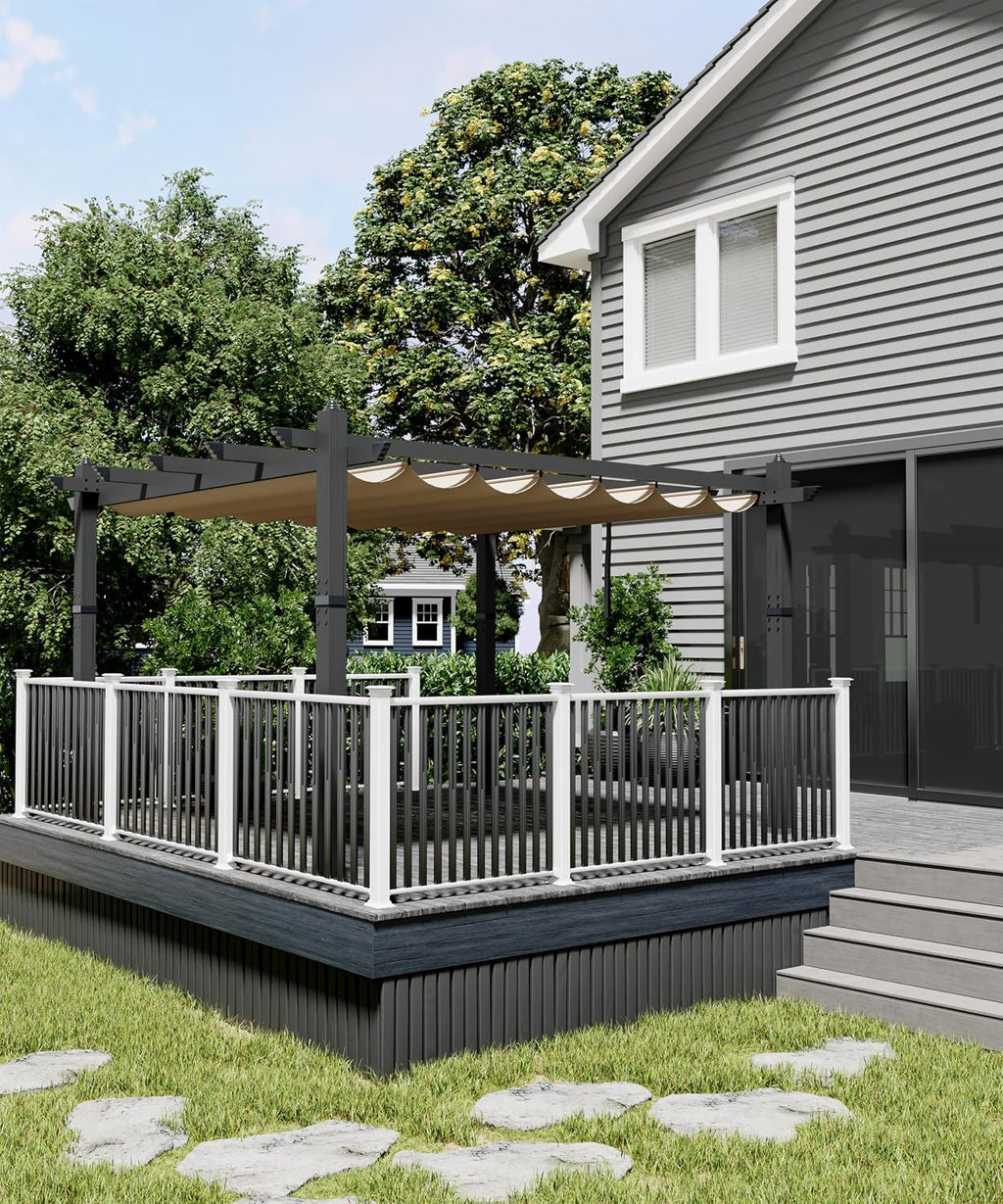 GarveeLife 10x13 ft Aluminum Pergola with Adjustable Canopy Sun Shade, Outdoor Metal Pergola Reinforced Frame Shelter for Patio, Backyard, Garden, and Deck - Khaki