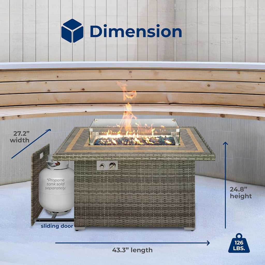 SereneLife Outdoor Propane Fire Pit Table, 50,000 BTU Wicker Gas Firepit with Tile Tabletop, with Glass Wind Guard and Decorative Glass Stones, CSA Certified, Weatherproof Cover, 43'x27'x25'