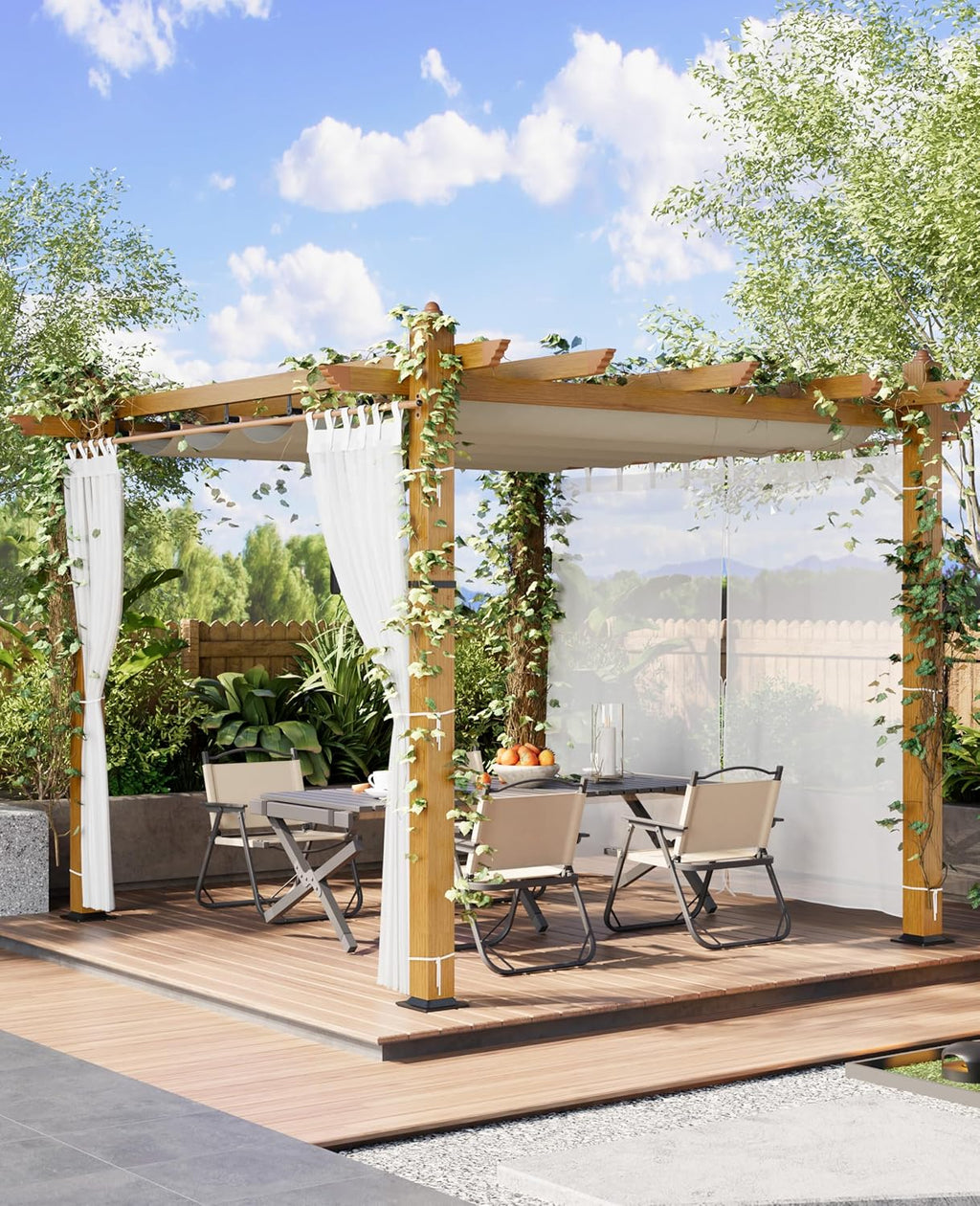 10x10 Ft Retractable Outdoor Pergola with Canopy and Side Mesh, Upgraded Wood-Grain Aluminum Pergola, Modern Pavilion for Backyard, Patio, Porch, Grape Trellis, Beige+White