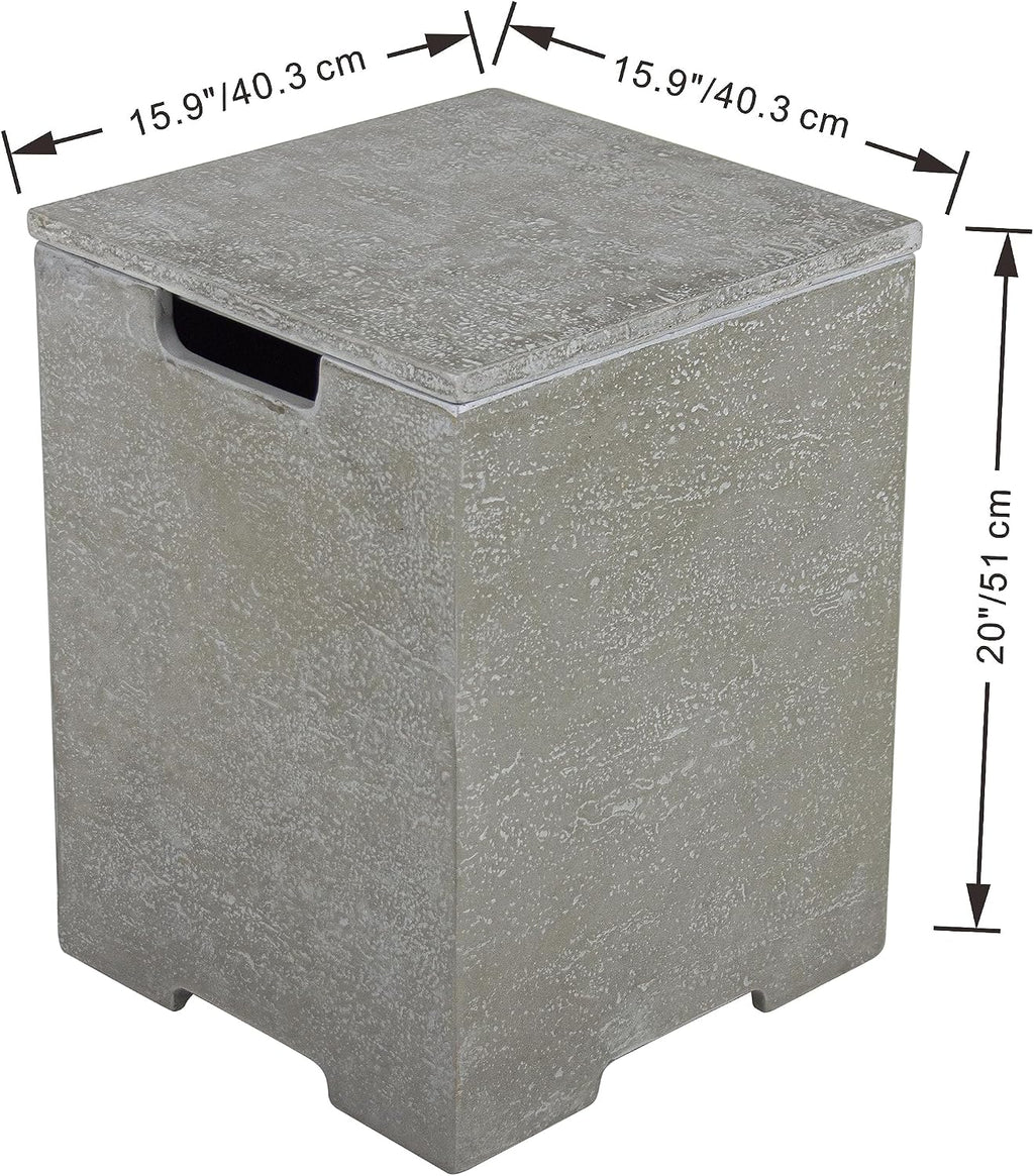 AMS Fireplace | Elementi Square Travertine Light Grey Propane Tank Cover | Marble Porcelain Top with Concrete GFRC Base | 15.9 × 15.9 × 20 inches | Suited For Riviera Light Grey Fire Pit Table
