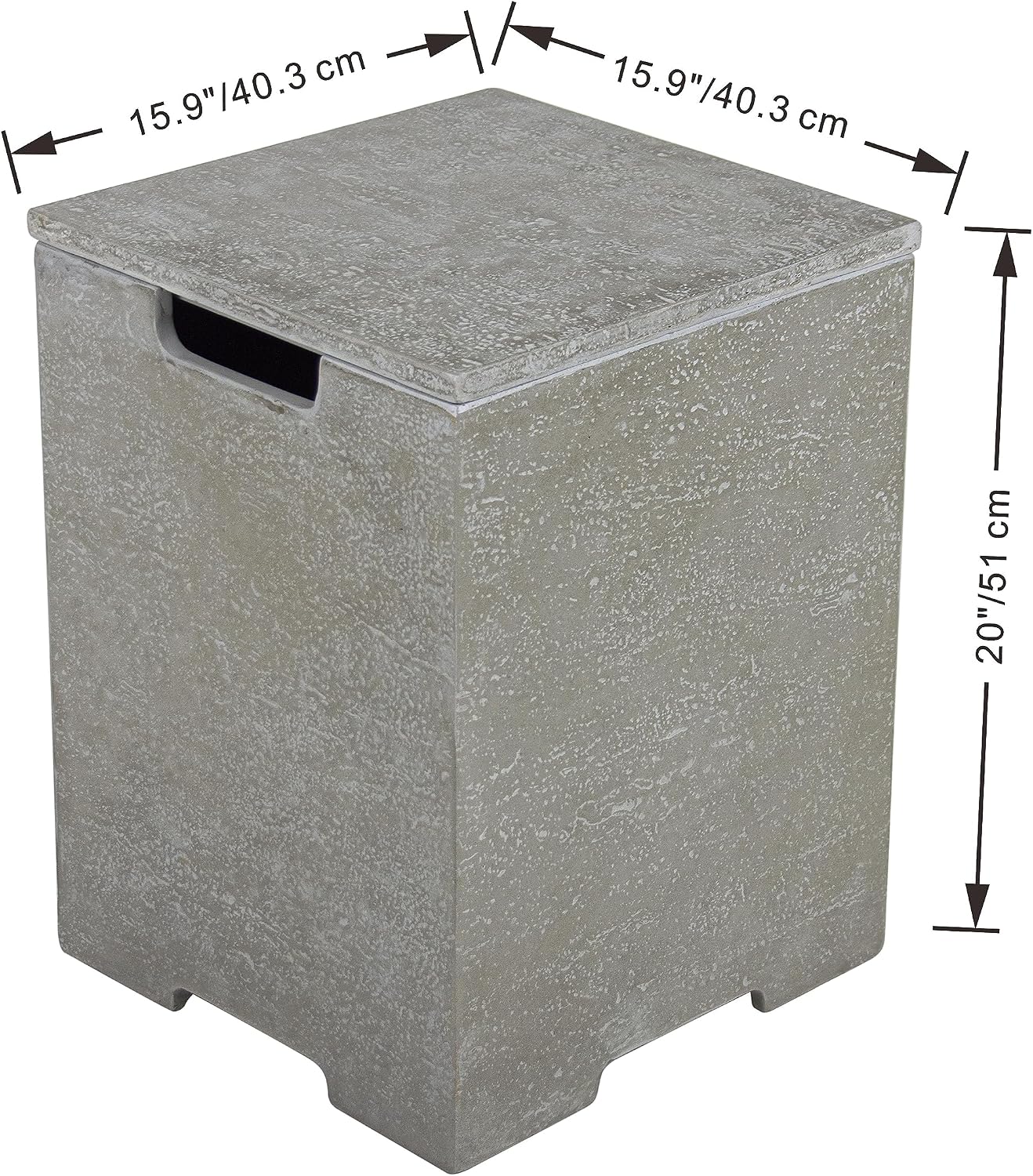 AMS Fireplace | Elementi Square Travertine Light Grey Propane Tank Cover | Marble Porcelain Top with Concrete GFRC Base | 15.9 × 15.9 × 20 inches | Suited For Riviera Light Grey Fire Pit Table