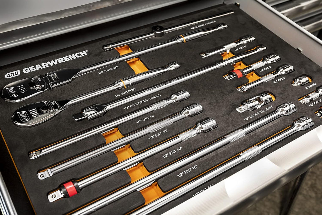 GEARWRENCH 16 Piece 1/2' 90T Ratchet & Drive Tool Set with EVA Foam Tray - 86522