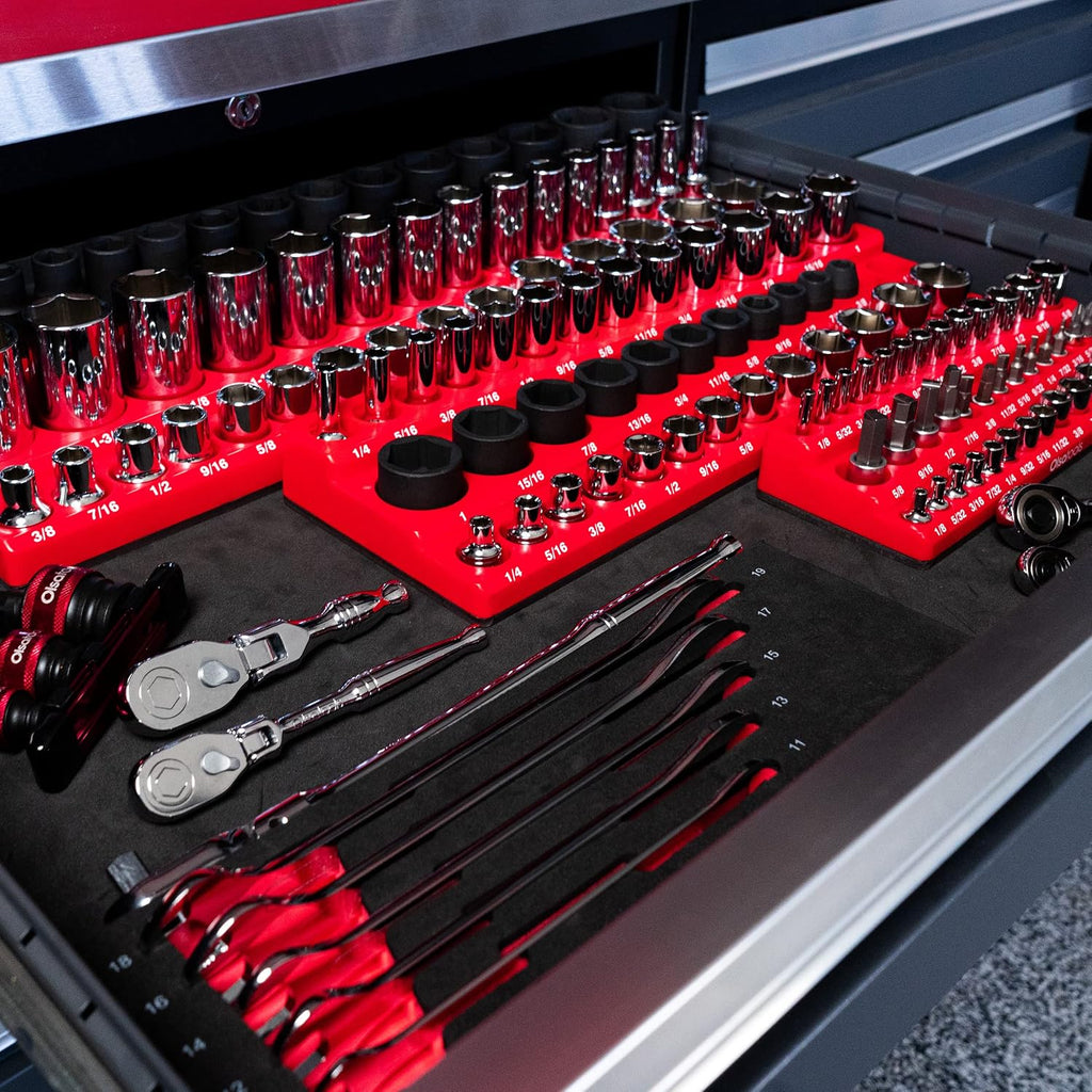 Olsa Tools Magnetic Socket Organizer - 1/4', 3/8' & 1/2-Inch Drive SAE Socket Holder Set - Professional Tool Holder and Organizer - Stores up to 123 Sockets - Red - Part: 1560