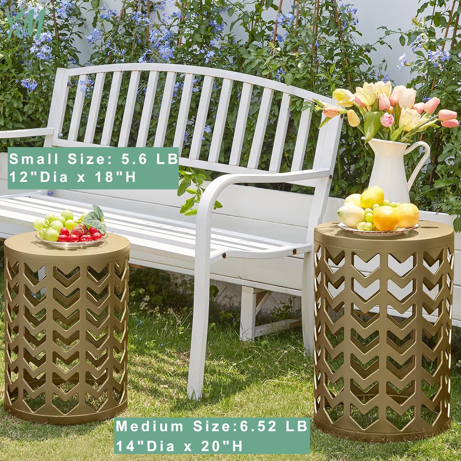 Y&M Set of 3 Gold End Tables, Nesting Metal Round Coffee Table, Heavy Duty Metal Plant Stand Garden Stool, Outdoor Multifunctional Use