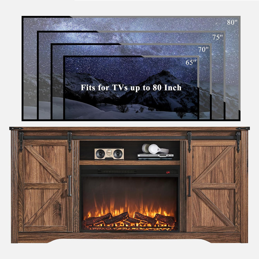 JXQTLINGMU Farmhouse Fireplace TV Stand for 80 Inch TV, 32' Tall Entertainment Center w/Drawer & Sliding Barn Door, 70 Inch Highboy Media Console for Living Room, Brown