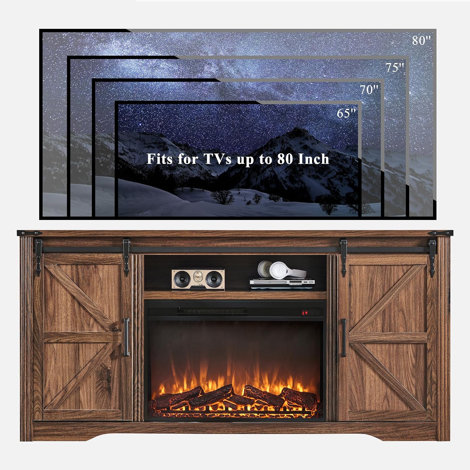 JXQTLINGMU Farmhouse Fireplace TV Stand for 80 Inch TV, 32' Tall Entertainment Center w/Drawer & Sliding Barn Door, 70 Inch Highboy Media Console for Living Room, Brown