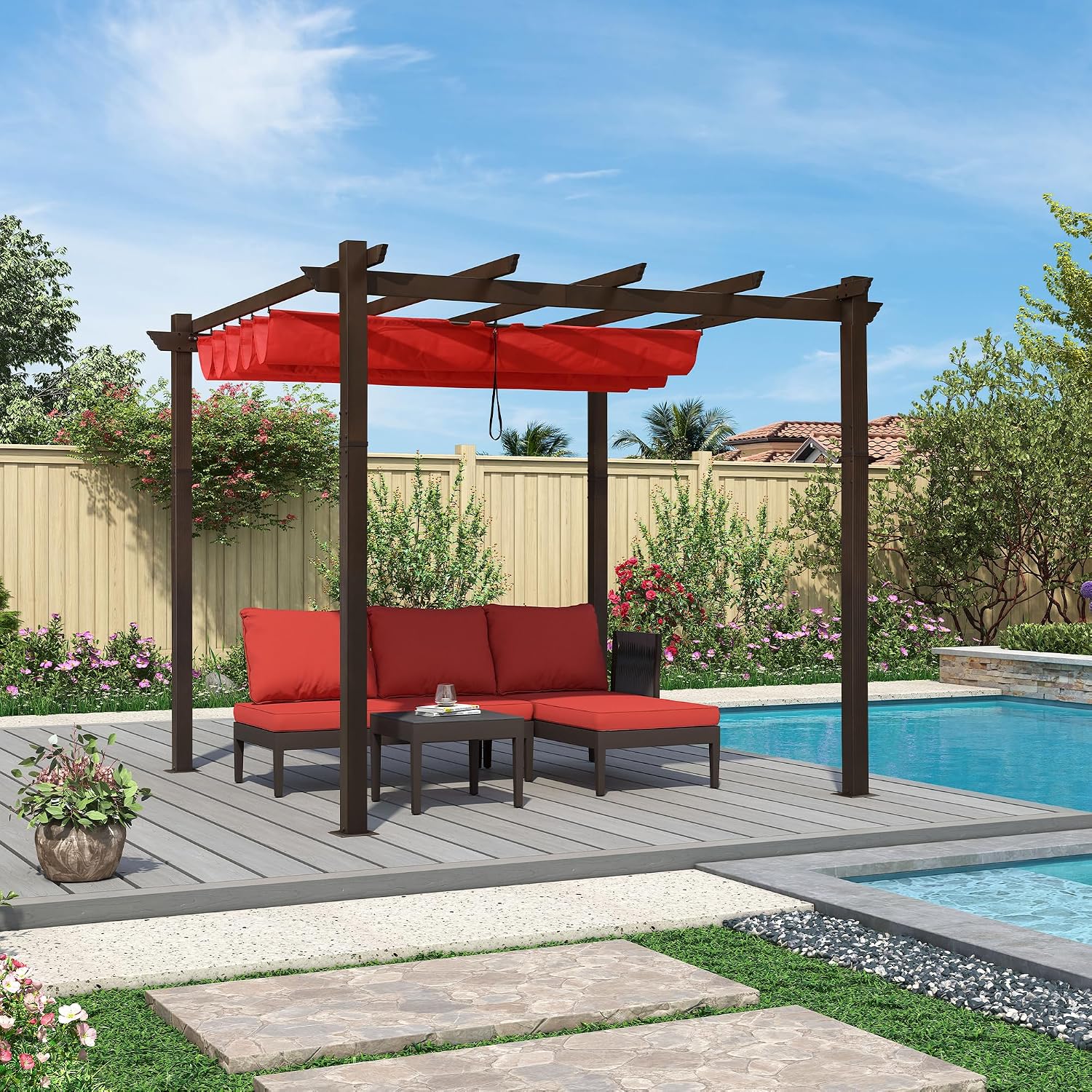 PURPLE LEAF 10' x 10' Retractable Pergola Outdoor Aluminum White Pergola with Sun Shade Canopy Patio Modern Bronze Shelter for Garden Yard Deck Grape, Terra