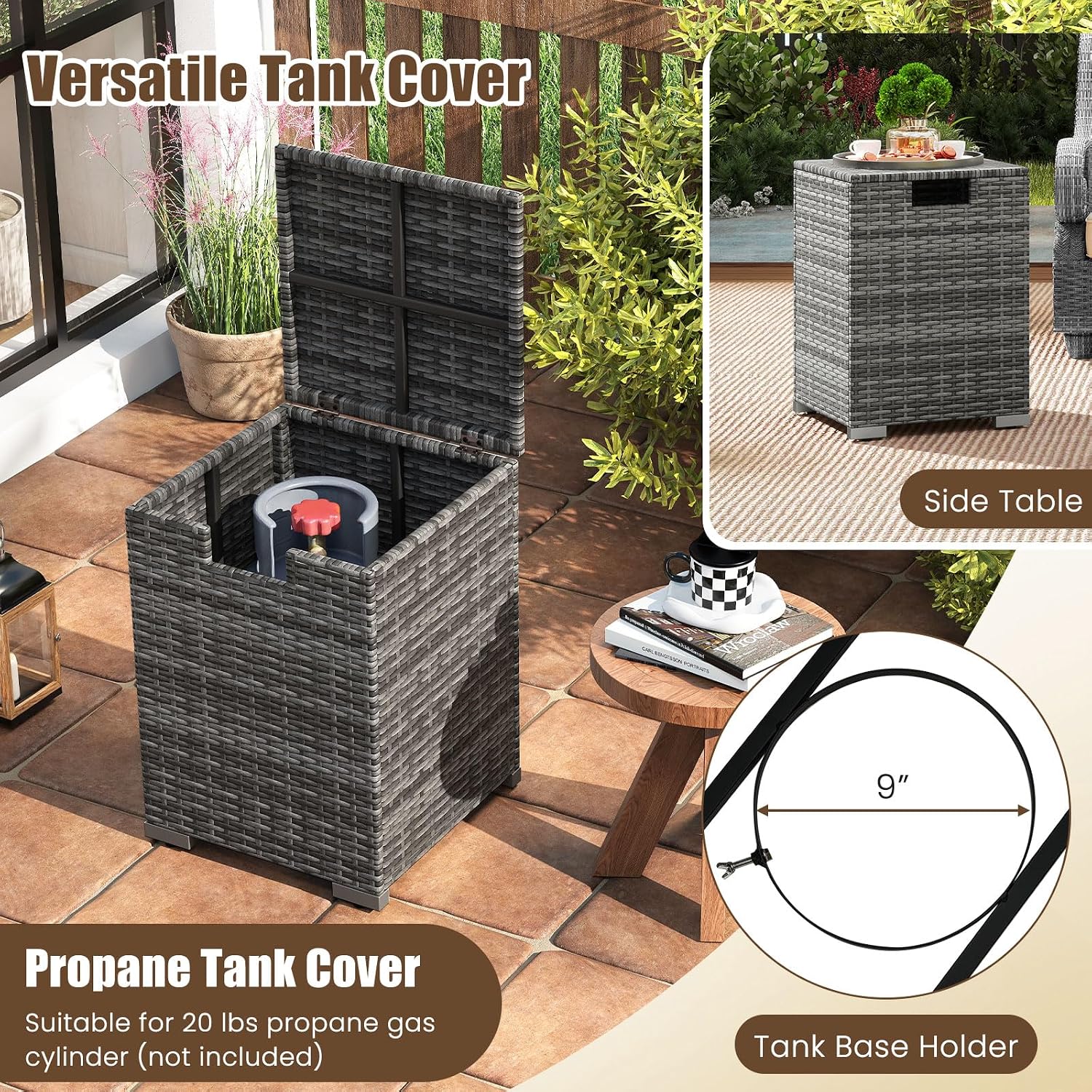 Tangkula 2 Piece Propane Fire Pit Table Set with Tank Cover, Outdoor Rattan Gas Firepit with Lid, Tempered Glass Tabletop, Protective Cover, 40,000 BTU Rectangle Fire Table Set for Outside (Mix Gray)