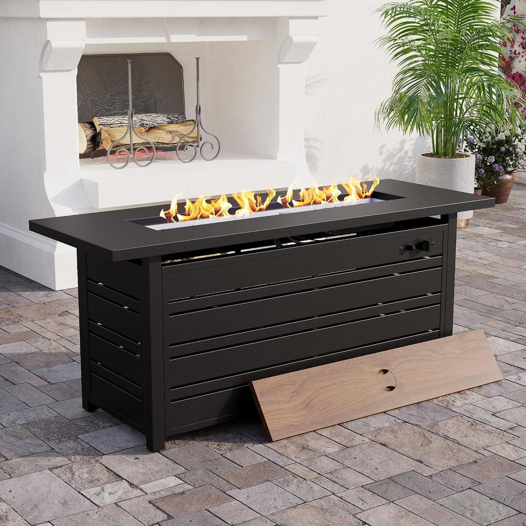 SUNSHINE VALLEY Propane Gas Fire Pit Table 57' 0utdoor Firepit Table Rectangular Wood-Like Tabletop with Glass Rock, Black Outdoor Fire Pit for Patio Outdoor Outside Garden Backyard Deck