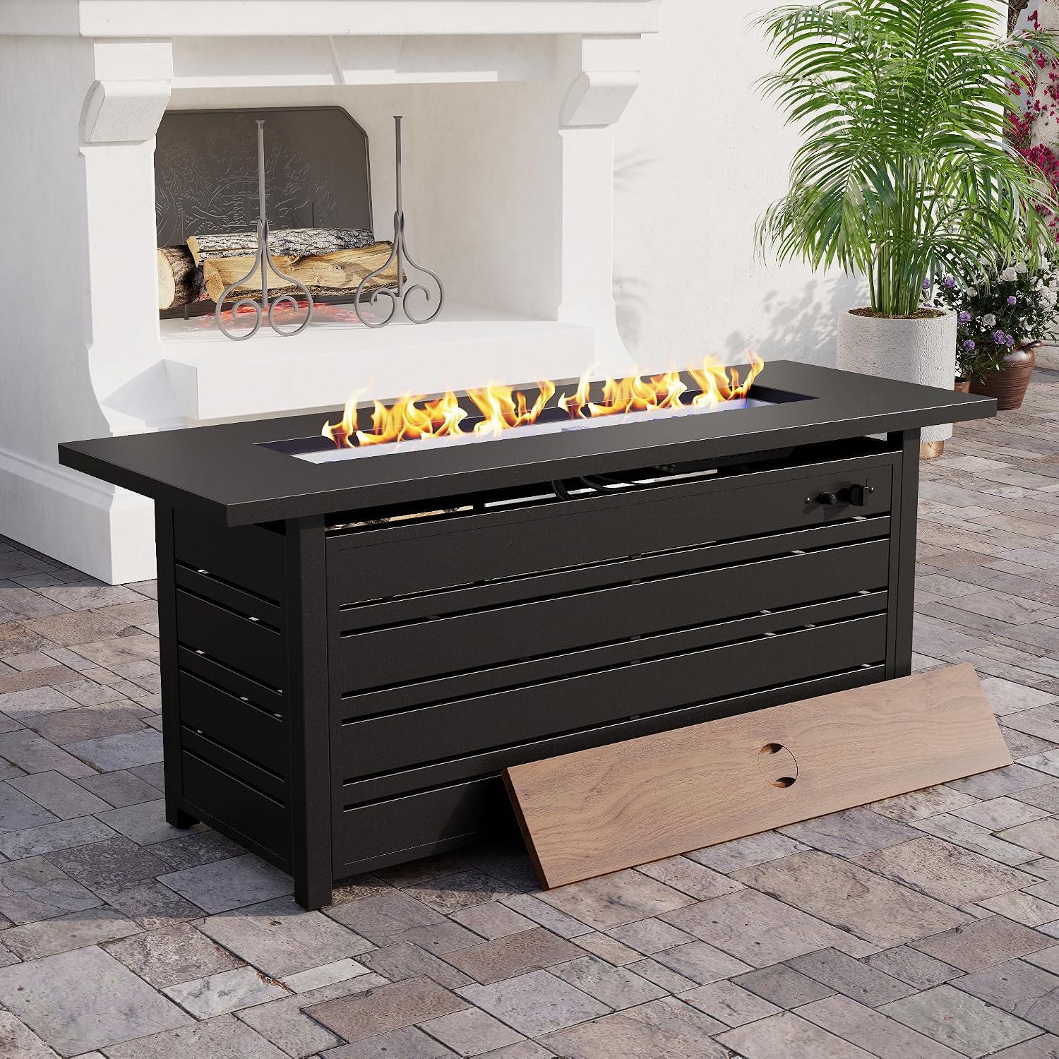 SUNSHINE VALLEY Propane Gas Fire Pit Table 57' 0utdoor Firepit Table Rectangular Wood-Like Tabletop with Glass Rock, Black Outdoor Fire Pit for Patio Outdoor Outside Garden Backyard Deck